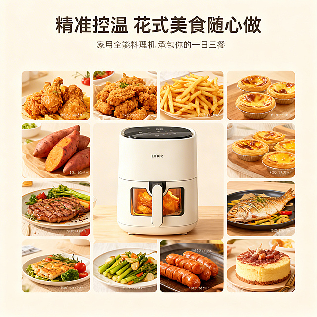1:1竖版电商多食材适配卖点主图，8K超高清，写实美食摄影，和首图保持统一的日系治愈暖调自然光风格，严格还原奶白色LOTOR小浣熊可视空气炸锅的包装设计、颜色、LOGO位置、文字内容、图案元素等所有细节，产品尺寸比例1:1。画面中心为空气炸锅主体，周围环绕九宫格形式的美食成品实拍，包含炸鸡、薯条、烤红薯、蛋挞、烤牛排、烤时蔬、烤鱼、烤肠、蛋糕，每款美食旁标注对应烹饪温度与时间，暖调自然光均匀覆盖，背景为浅米色纯色背景，搭配浅原木色台面。画面顶部居中主标题用加粗无衬线字体，文案为"精准控温 花式美食随心做"，副标题在主标题下方，文案为"家用全能料理机 承包你的一日三餐"，字体为纤细无衬线体。整体画面杂志级居中环绕式精致排版，美食质感诱人，色彩与整体风格统一，突出全场景适配核心卖点。