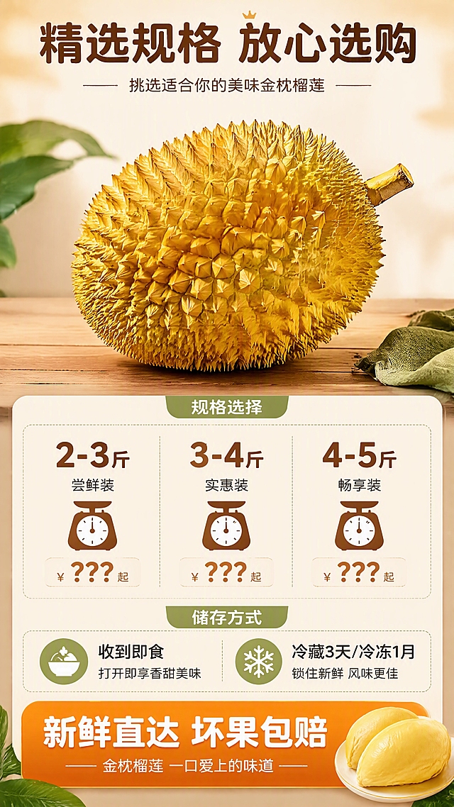 [第8张] 详情页规格与选购收尾-金枕榴莲规格信息与囤货引导。本张使用【图1】作为产品展示图。
[氛围/风格] 清晰选购风，温暖可信，引导下单，商业摄影质感。
[元素布局] 画面上半部分为一颗完整带壳金枕榴莲，置于木质台面上，占比约45%，外形刺的形态与输入产品图一致；下半部分为规格信息区与储存方式，底部为囤货收尾氛围；背景为浅米色渐变，干净清爽。
[光影质感] 上方柔和暖光照明，榴莲底部自然投影，整体明亮干净，信息区清晰易读。
[配色色系] 全局底色 #FFF3E0 浅橙米渐变；主色金黄色榴莲；辅助色深棕文字、浅绿标签；点缀色橙色购买引导。
[视角构图] 上下结构，上产品下信息，阅读动线自上而下，产品吸引 → 规格了解 → 下单引导。
[文字版式] 顶部主标题「精选规格 放心选购」，深棕色圆润黑体居中；产品下方规格表：三档规格横排，分别为「2-3斤 尝鲜装」「3-4斤 实惠装」「4-5斤 畅享装」，每档配重量图标和价格示意区，深棕色字体；规格下方储存方式：两个图标+文字「收到即食」「冷藏3天/冷冻1月」；底部橙色醒目条「新鲜直达 坏果包赔」，白色大字，下方小字「金枕榴莲 一口爱上的味道」；文字清晰层级分明，不遮挡产品。
[比例分辨率] 9:16 竖版比例，4K分辨率，文字清晰可辨，高清画质。
[负向提示词] 榴莲变形，颜色偏差，文字错乱，水印，表格模糊，文字过小。