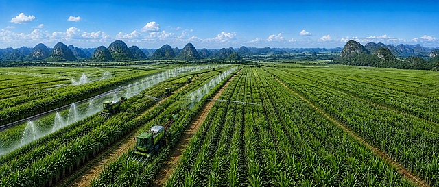 航拍视角的广阔甘蔗林，左侧延展更多整齐的甘蔗田和喷灌设备、绿色甘蔗收割机，右侧的公路和工厂厂房全部替换为连绵的甘蔗林，远处是喀斯特地貌的青山，蓝天白云，光线明亮自然，整体画面统一和谐，高清细节，摄影级画质