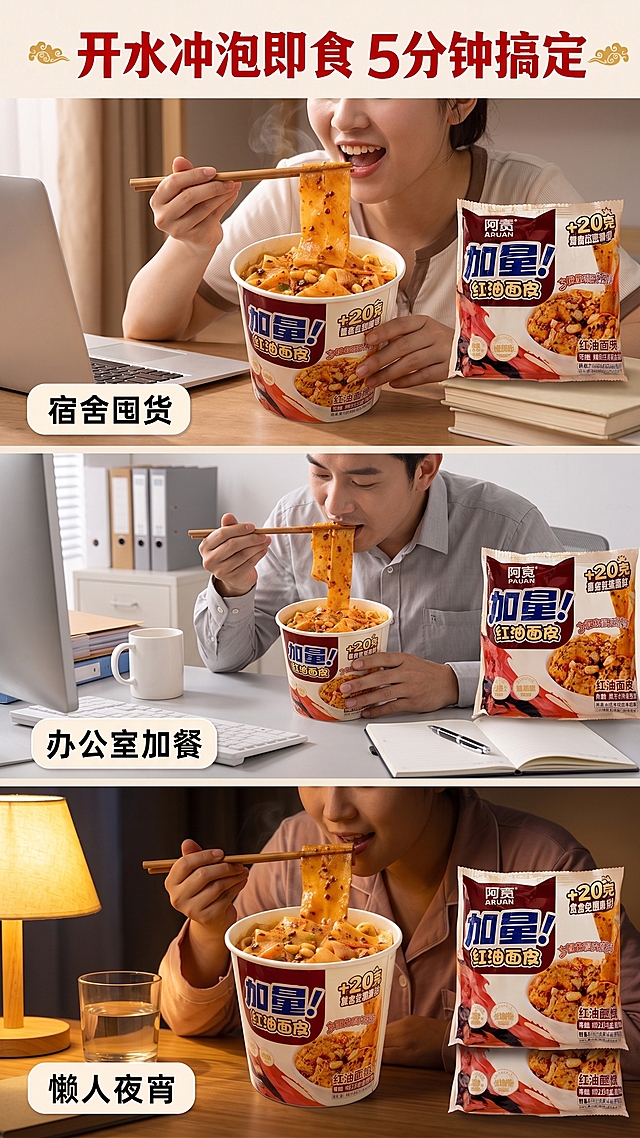 这三张图片换成人物正在吃的场景，