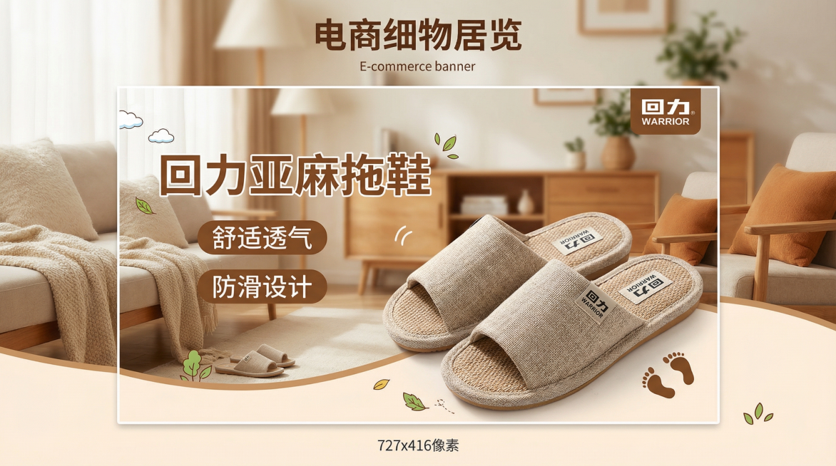 家居日用拖鞋电商banner，温馨可爱风格，突出回力亚麻拖鞋，舒适透气防滑，有电商营销吸引力，尺寸727*416，背景为温馨居家环境，展示拖鞋产品特点，整体清新自然预览效果