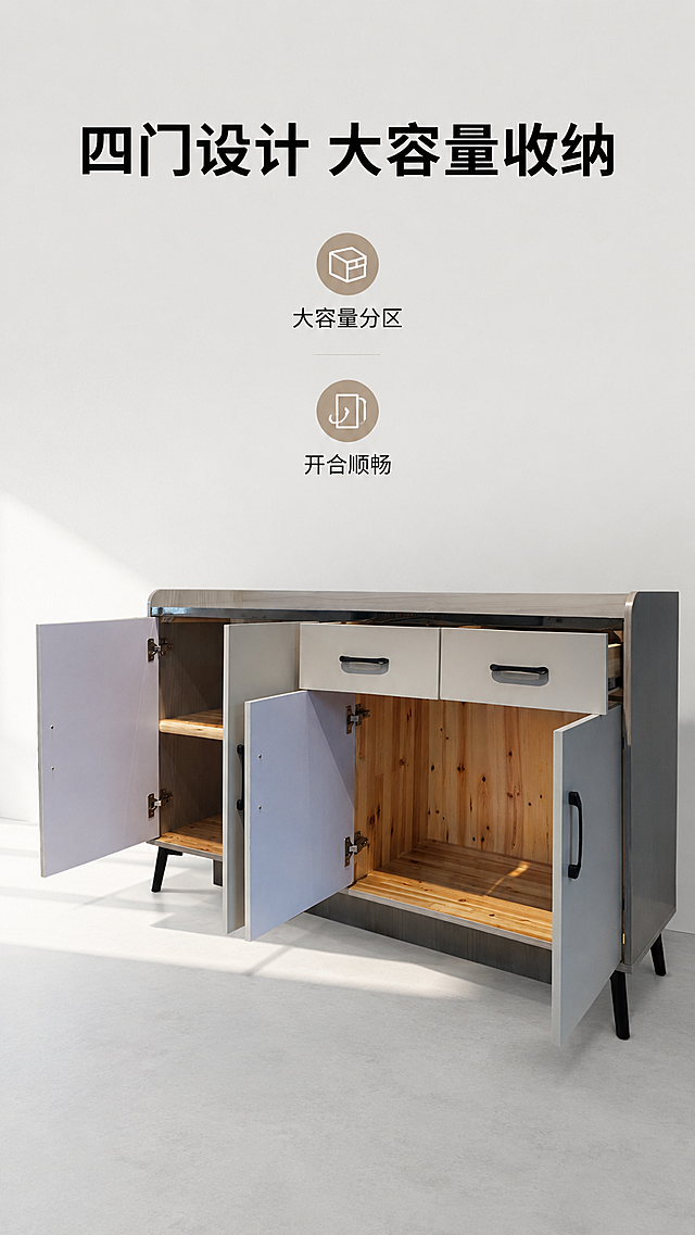 [第6屏] 柜门开合大容量展示，展示内部空间和开合设计。
[氛围/风格] 功能展示，真实自然，明亮通透。
[元素布局] 画面主体为三扇柜门打开的餐边柜，参考原图展示产品结构，保持产品颜色和杉木内部一致，主体占画面约75%位于中心，展示打开后内部空间格局，背景保持纯净浅灰白色。
[光影质感] 自然光从左侧射入，照亮内部杉木空间，明暗层次自然，突出空间感。
[配色色系] 全局底色：#F5F5F5（浅灰白），保持产品原有配色一致。
[视角构图] 45度侧视视角，完整展示柜门开合状态和内部空间。
[文字版式] 顶部主标题“四门设计 大容量收纳”黑色加粗居中，下方卖点“大容量分区”“开合顺畅”竖排展示，清晰易读。
[比例分辨率] 9:16竖版比例，1080*1920分辨率，2K清晰度，文字清晰可辨。
[负向提示词] 柜门结构错误，空间变形，纹理失真，文字错乱，背景杂乱。