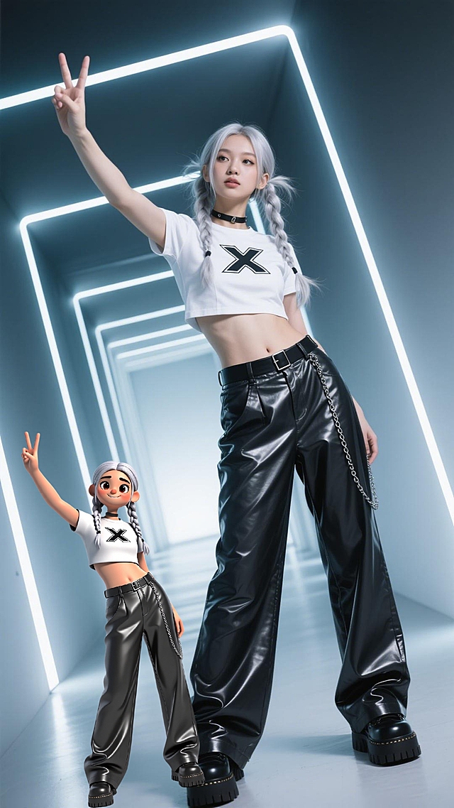 未来感霓虹灯隧道，2D&3D混搭风少女，科技潮流虚拟现实设计。