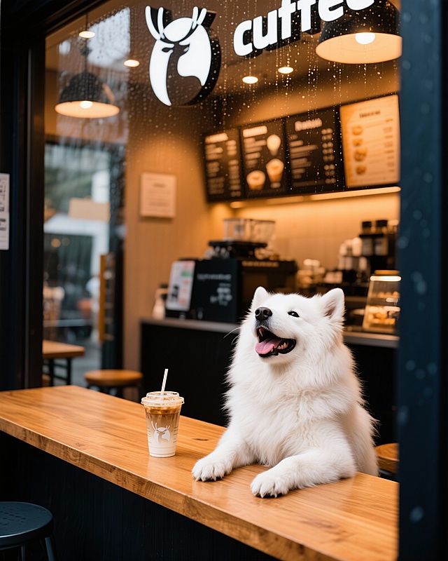 一只表情愉悦的萨摩，坐在瑞幸咖啡店内的木质柜台上，一只爪子托着下巴，面前放着一杯带有吸管的瑞幸咖啡冰拿铁，背景可见瑞幸咖啡的标志和菜单板，暖色调灯光，玻璃窗上有雨滴，写实摄影，高细节，4K分辨率，--ar 4:5，萨摩长相参考上传的图片，生成6张，不同动作