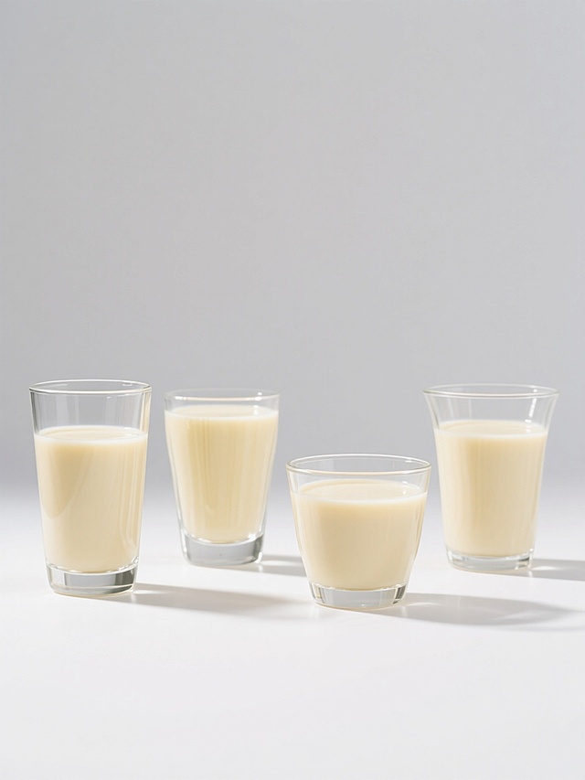 简约现代风格的四个豆浆杯素材规整排布，每个杯子造型各异，均为透明玻璃杯身，内含淡黄色豆浆，液体表面光滑，杯壁有细微反光，整体置于纯白色纯色背景上，无任何文字、logo及水印，画面干净整洁，视觉层次清晰，光影柔和，突出豆浆杯的形态美感与材质质感。