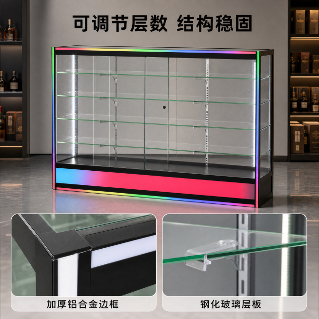 「图片1」「图片1」「图片1」「图片1」「图片1」「图片1」「图片1」「图片1」「图片1」「图片1」请根据以上图片，生成一套主图（5张），商品名称是流水灯玻璃展示柜，
产品尺寸：118*50*97m；预览效果
