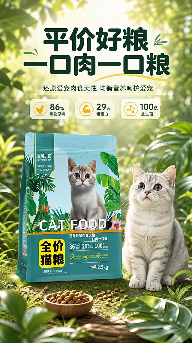 [商品] 使用【图2】尼可小花全价猫粮袋装产品；保留包装袋青绿色主色、正面银渐层猫咪图案、热带植物装饰、"尼可小花 NIKEXIAOHUA"品牌Logo、"CAT FOOD"大字、"全价猫粮"黄色方块标识、"86%动物性原料|29%粗蛋白|100亿益生菌"核心数据文字、净含量2.5kg字样，以及包装袋的整体结构和比例；商品处理：保持包装袋完整清晰，增强包装印刷质感和立体感，不改变任何原有文字和图案。
[画面] 页面目标：头图海报，主打平价好粮核心概念，建立天然健康的第一印象；构图骨架：上文下图，顶部标题区，中部产品主体+猫咪互动，底部自然场景延伸；主体位置：画面中下部，产品袋正面朝向观众略偏左，一只可爱的银渐层猫咪坐在产品右侧；主体占比：产品+猫咪合计占画面约55%；景别：中景；阅读动线：从上到下；前中后景：前景散落的猫粮颗粒和绿叶，中景产品袋+猫咪，后景虚化的热带植物森林和柔和阳光；场景：自然森系户外草地，阳光透过树叶洒下斑驳光影。
[视觉] 套系策略：风格=自然清新森系商业摄影风；标题字=粗黑体圆润字形；正文字=简洁无衬线体；主色=青绿色（#2A9D8F）；背景延展=基于青绿色做深浅层级、同色渐变和自然植物/木纹/草地质感；强调色=暖黄色（#F4A261），仅用于小面积图标、引线、标签和数字高亮；标题色=深墨绿色；正文色=深灰绿色；组件=圆角浅绿信息卡、细线引线、叶片装饰元素；光影=左前侧暖柔自然光，模拟阳光透过树叶的斑驳效果。
[文字] 顶部主标题："平价好粮 一口肉一口粮"，副标题："还原爱宠肉食天性 均衡营养呵护爱宠"；下方配3个小卖点icon："86%动物原料"、"29%粗蛋白"、"100亿益生菌"；文字区位于画面上半部分，不遮挡产品主体和猫咪；所有文字横向排版，字号保证手机端清晰可读。
[规格] 图片比例9:16竖版，4K，避免变形、错字、文字过小、产品颜色改变、包装文字错乱、猫咪形象失真、冷蓝/蓝灰背景。