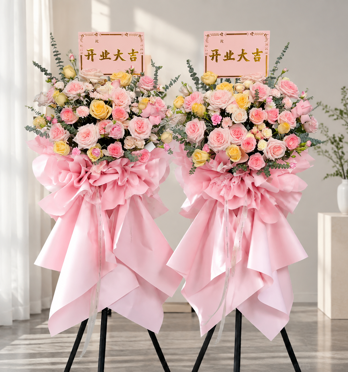 保留图1中花篮的花材、插牌和整体结构完全不变，将两个花篮的包装… - 图片创意预览
