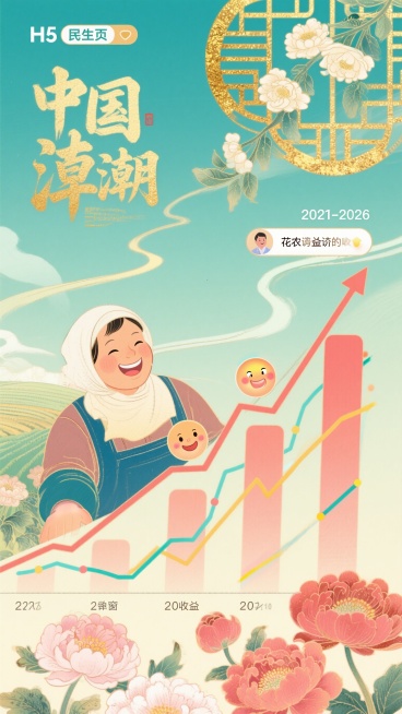 H5民生页，画面中有互动图表展示2021-2026年花农收入攀升曲线，搭配花农笑脸元素，点击可弹窗展示花农采访金句，整体风格温暖明亮，清新国风，充满生活气息预览效果