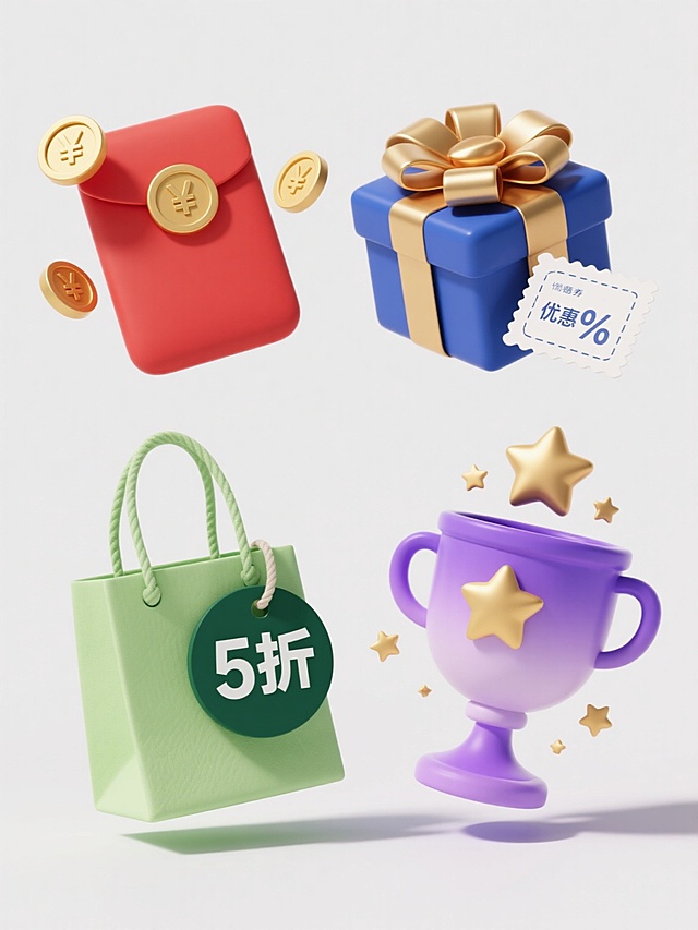 一组4个不同配色、不同样式、不同材质的电商促销元素，采用干净风格设计，背景为纯白色。每个元素都符合现实逻辑，适用于素材使用。第一个元素：红色系，红包与金币组合，红包有金色圆形封口，金币带有"¥"符号，部分金币悬浮，呈现喜庆热闹的促销氛围，材质表现为红包的纸质纹理和金币的金属光泽。第二个元素：蓝色系，礼盒与优惠券组合，礼盒为深蓝色，搭配金色缎带蝴蝶结，优惠券有虚线切割边缘和折扣百分比文字，材质表现为礼盒的硬纸板质感和缎带的光滑反光。第三个元素：绿色系，购物袋与折扣标签组合，购物袋为浅绿色，带有手提绳，折扣标签为深绿色圆形，标有"5折"字样，材质表现为购物袋的布料纹理和标签的塑料质感。第四个元素：紫色系，奖杯与星星组合，奖杯为紫色渐变，顶部有金色星星装饰，周围散落着小星星，呈现奖励促销的氛围，材质表现为奖杯的陶瓷质感和星星的磨砂塑料质感。所有元素都具有清晰的轮廓，简洁的造型，统一的光影效果，光源来自左上方，产生柔和的阴影，增强立体感，整体设计简洁明了，突出促销主题，适合作为电商平台的促销素材使用。