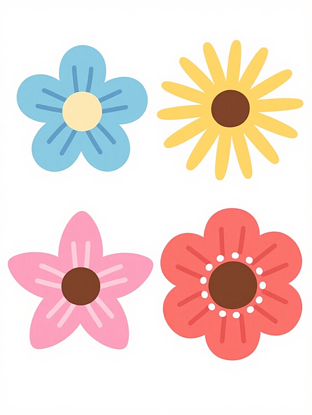 白色背景上的四朵卡通风格花朵插画，花朵呈2x2网格排列。左上角是浅蓝色花朵，花瓣为圆润的五瓣形状，带有细小的深蓝色纵向纹理，中心是圆形的浅黄色花心；右上角是黄色花朵，花瓣为细长放射状，数量约12片，中心是深棕色圆形花心；左下角是粉色花朵，花瓣为尖顶五瓣形状，边缘平滑，中心是深棕色圆形花心，并带有白色纵向纹理；右下角是红色花朵，花瓣为圆润的八瓣形状，花瓣边缘有细微弧度，中心是深棕色圆形花心，周围环绕着一圈白色小点，花瓣上有细长的浅红色纵向纹理。整体风格为扁平化设计，线条简洁流畅，色彩鲜亮明快，无阴影和立体效果，保持儿童插画的可爱与简洁感。
