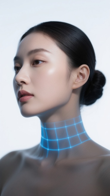 一张保持白色背景的人像照片，画面中是一位女性的侧脸，她的头发被梳成一个整洁的发髻，面部肌肤呈现出光滑细腻的质感，在柔和的光线照射下，肌肤泛着自然的光泽，颈部有蓝色的网格线条，这些线条呈现出科技感，与女性的柔美形成对比，整体画面给人一种专业、精准的感觉，突出了女性颈部和面部的轮廓美。预览效果