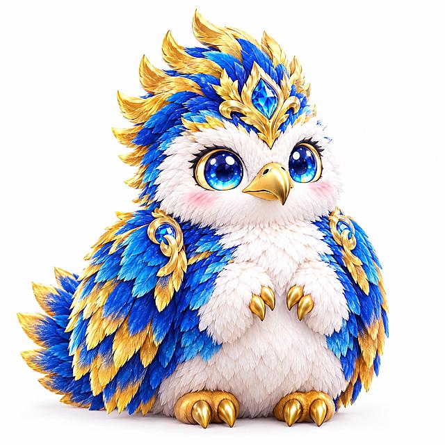 山海经大鹏神兽，蹲坐姿态，Q版毛绒3D卡通风格，与白泽九尾羊风格一致。保持参考图的蓝金配色，全身覆盖蓬松柔软的羽毛质感，头顶金色羽冠和蓝宝石装饰，圆圆的大眼睛水汪汪的，粉色腮红，金色的小爪子收在身前，翅膀收拢在身侧，圆滚滚胖乎乎的身体，毛绒质感强烈，软萌可爱又不失神鸟气质，纯白背景，3D渲染，C4D风格，柔和光线，超高细节，IP吉祥物设计