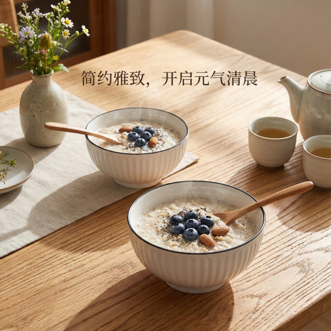 这是一只陶瓷碗，其名称为山田竖纹圆碗，碗口直径为4.5英寸。我给你提供了一张白底图，请根据我的白底图，帮我绘制5张不同角度的场景图。每张场景图比例为1：1，内容是将这只碗与不同的日常生活场景结合，并配预览效果
