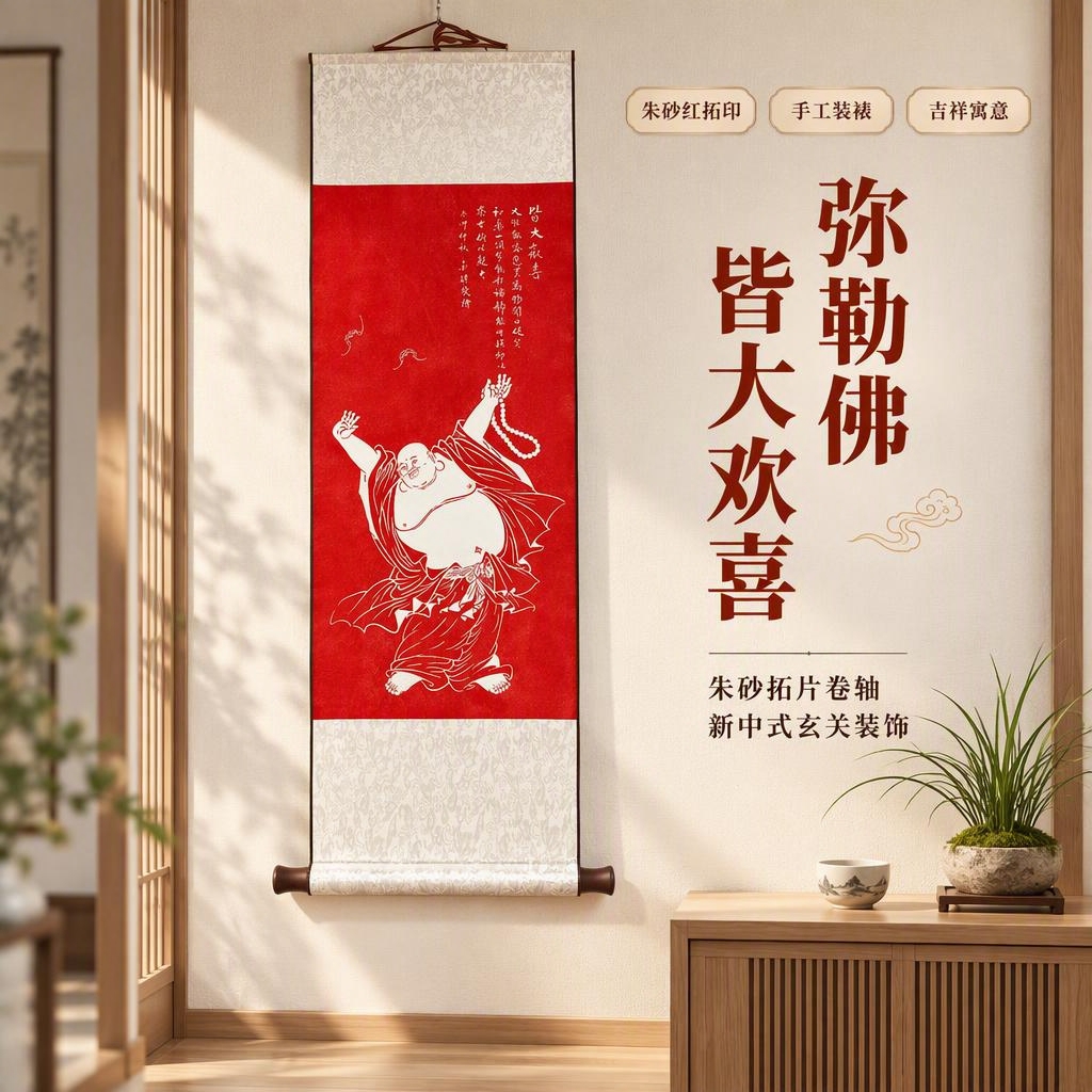 [主图-1] 新中式玄关空间氛围英雄图，突出弥勒佛皆大欢喜朱砂… - 图片创意预览