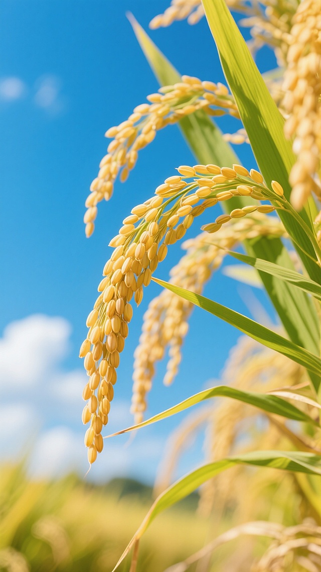 写实风格摄影，特写饱满成熟的金黄色稻穗低垂，稻粒圆润清晰，翠绿稻叶交错，背景是明亮纯净的湛蓝色天空点缀少量白云，前实后虚浅景深效果，温暖柔和的自然光从上方照射，稻穗边缘泛着金色高光，整体呈现丰收喜悦、清新自然的氛围，色彩明快，细节丰富，画面充满生机与田园诗意。