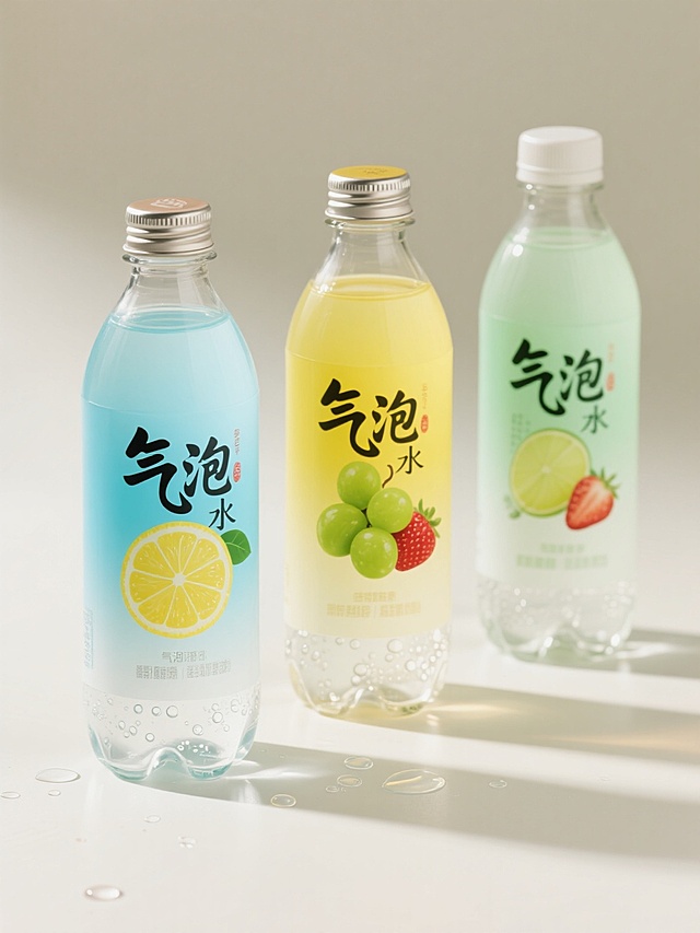 透明塑料瓶身的气泡水饮料产品，瓶身带有不同配色（如清新蓝、活力黄、薄荷绿等）的渐变底色，瓶身印有不同样式的水果图案（如柠檬、青提、草莓等）和艺术化书法字体的产品名称，瓶盖为不同材质（如金属质感、磨砂质感），瓶身底部有气泡和水滴的视觉元素，整体设计简洁现代，置于浅色背景上，突出产品主体，具有清晰的产品信息层级和高效的信息传达。