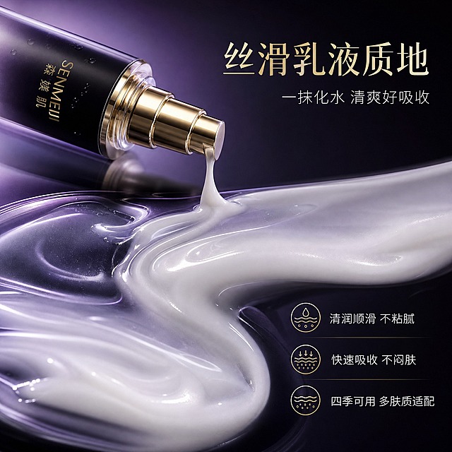 [主图-3] SENMEIJI森媄肌润颜舒护精华乳 质地与肤感展示 微距乳液流动质感。
[统一基调] 精致简约高级护肤风格，深紫黑金高端调性，主背景为深紫黑到浅紫灰的渐变，主标题字色为香槟金色，辅助字色为浅灰白色，强调色为淡紫光与香槟金；字体选用现代非衬线体，标题纤细高端，说明文字轻盈；整体用光影和玻璃折射营造奢华感。
[画面] 画面采用上下构图。上方是产品SENMEIJI森媄肌润颜舒护精华乳的按压泵头和瓶身上半部分特写，占画面约30%，位于画面左上角，泵头正按压出一缕乳白色的乳液，乳液呈丝带状优雅地向下流淌。画面下半部分是大面积的乳液质地微距特写：细腻丝滑的乳白色乳液在深紫色的光滑表面上自然铺展流动，形成优美的流体曲线和涟漪纹理，乳液表面有柔和的光泽和细腻的质感，部分区域呈现半透明水润感。背景为深紫黑色光滑表面，有乳液流动形成的自然纹理。
[光影质感] 微距摄影质感，乳液质地细腻丝滑有珍珠光泽，流动曲线优美自然，瓶身和泵头的玻璃与金属质感清晰，整体光影柔和但有层次，突出乳液的高级质感和丝滑肤感。
[配色] 深紫黑背景，乳白色乳液，香槟金标题字，浅灰白辅助字，金色泵头高光，整体奢华高级。
[文字版式] 画面右上角主标题大字“丝滑乳液质地”，香槟金色。下方副标题“一抹化水 清爽好吸收”，浅灰白色。画面右下角放置三个质地特点标签：“清润顺滑 不粘腻”“快速吸收 不闷肤”“四季可用 多肤质适配”。文字均为横排，右对齐，放在画面右侧负空间，不遮挡乳液流动主体。
[输出要求] 1:1正方形比例，文字清晰可读，乳液质地真实细腻有高级感。禁止出现错字、模糊、手部畸形、水印、平台Logo。