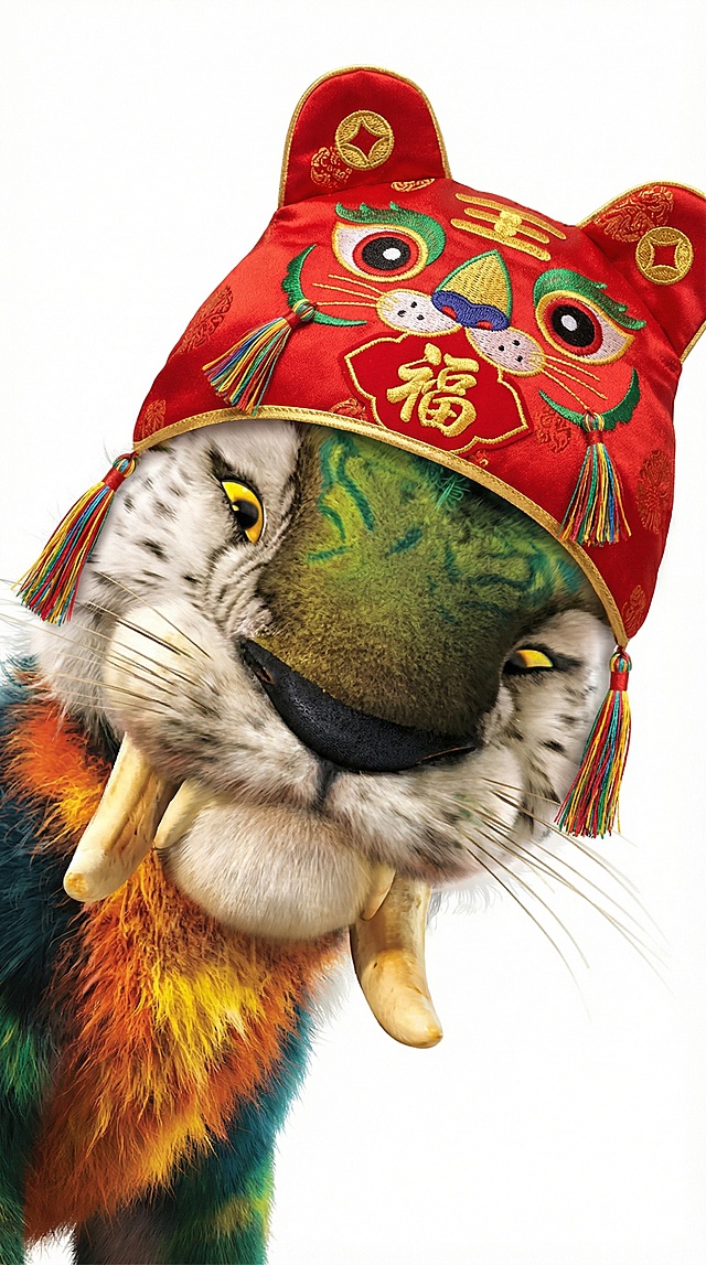 给图中动物加一顶帽子，要有中国春节的新年的元素的帽子
