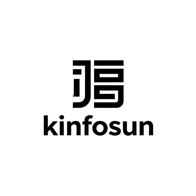 极简LOGO设计，将字母J、F、S抽象融合成契合福字形态的图形，无直接福字笔画，线条规整简洁，减少异形，符合大健康制造行业专业可靠的属性，图形在上，下方搭配英文kinfosun，整体简洁大气便于延展应预览效果