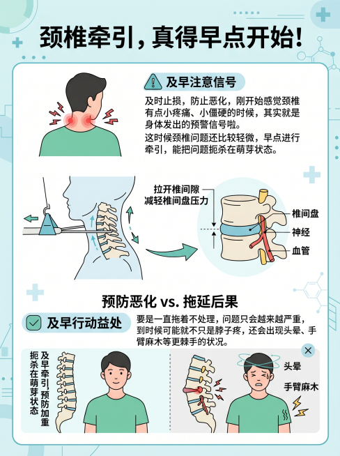 颈椎健康科普配图，标题：颈椎牵引，真得早点开始！正文：及时止损，防止恶化，刚开始感觉颈椎有点小疼痛、小僵硬的时候，其实就是身体发出的预警信号啦。这时候颈椎问题还比较轻微，早点进行牵引，能把问题扼杀在萌预览效果