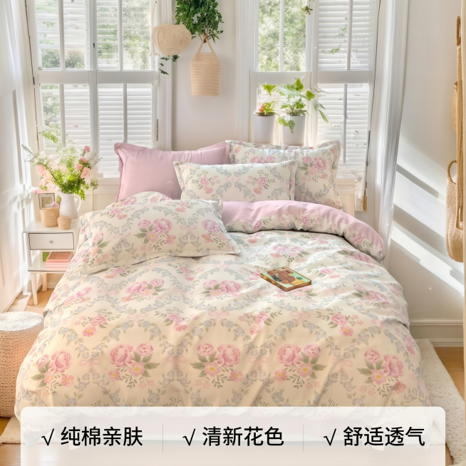 [详情图 4] 纯棉四件套全屋场景展示图。
[氛围风格] 温馨治愈，自然生活氛围感；
[画质] 商业摄影质感、光线柔和通透、产品清晰真实、画面干净高级。
[元素] 四件套完整铺设在卧室床上，展示整体空预览效果