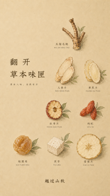 参考原图布局和文字内容，将所有药材转换为国风插画质感，保留原有米色背景和文字排版，保持"翻开草本味匣 草本入味，自然有方 越过山秋 五指毛桃 WU ZHI MAO TAO 人参片 REN SHEN P预览效果