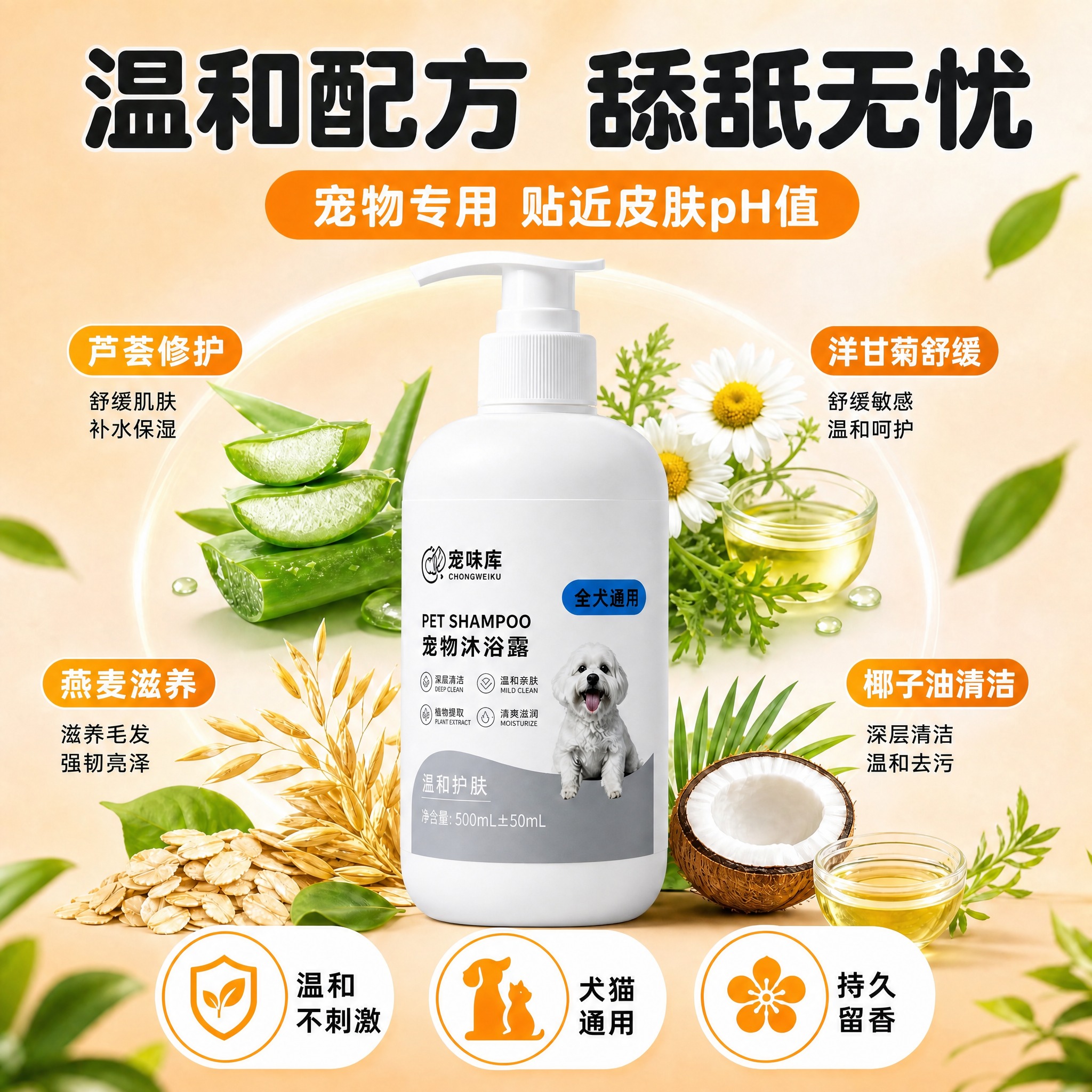 将画面中央的沐浴露瓶身替换为宠味库宠物沐浴露外观 白色瓶身 灰… - 图片创意预览