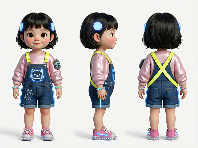 角色设计三视图参考图（character turnaround sheet），同一个5岁中国小女孩的正面（左）+ 侧面正侧（中）+ 背面（右）三个全身视图并排展示在同一张画面中，CG动画电影级角色设计，纯白背景，影棚均匀灯光，三视图之间清晰隔开但保持统一风格和完全一致的造型细节。

**角色通用造型（三视图必须完全一致）**：
5岁中国小女孩，赛博朋克世界观下层街区孩子——在科技渗透每个角落的世界