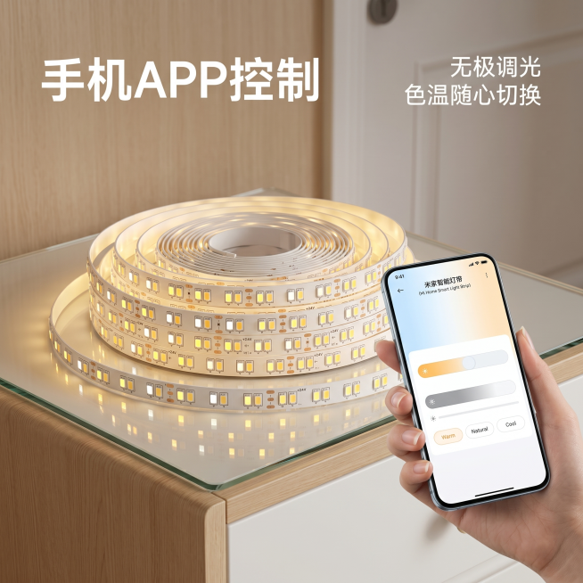 [主图-2] 米家智能三色变光LED灯带手机控制展示
[氛围风格] 智能家居交互，现代科技感
[画质] 商业摄影质感、光线柔和通透、产品清晰真实、画面干净高级
[元素] 保持灯带产品外观与原图一致，无预览效果
