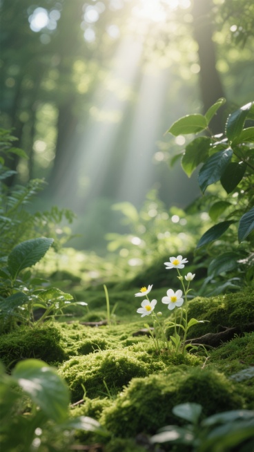 清晨阳光穿透林间洒下的柔和光束，温暖明亮的自然光线营造出清新通透的氛围，画面中布满鲜嫩翠绿的苔藓和草地，质感细腻柔软，几株带有白色花瓣和黄色花蕊的白色小花点缀其间，周围环绕着茂密的深绿色叶片，整体构图呈现出自然野趣的生态景观，背景虚化处理形成朦胧的光斑效果，光影交错间展现出蓬勃的生命力，不同种类的绿色植物错落有致地分布，营造出层次丰富的自然植物背景。预览效果
