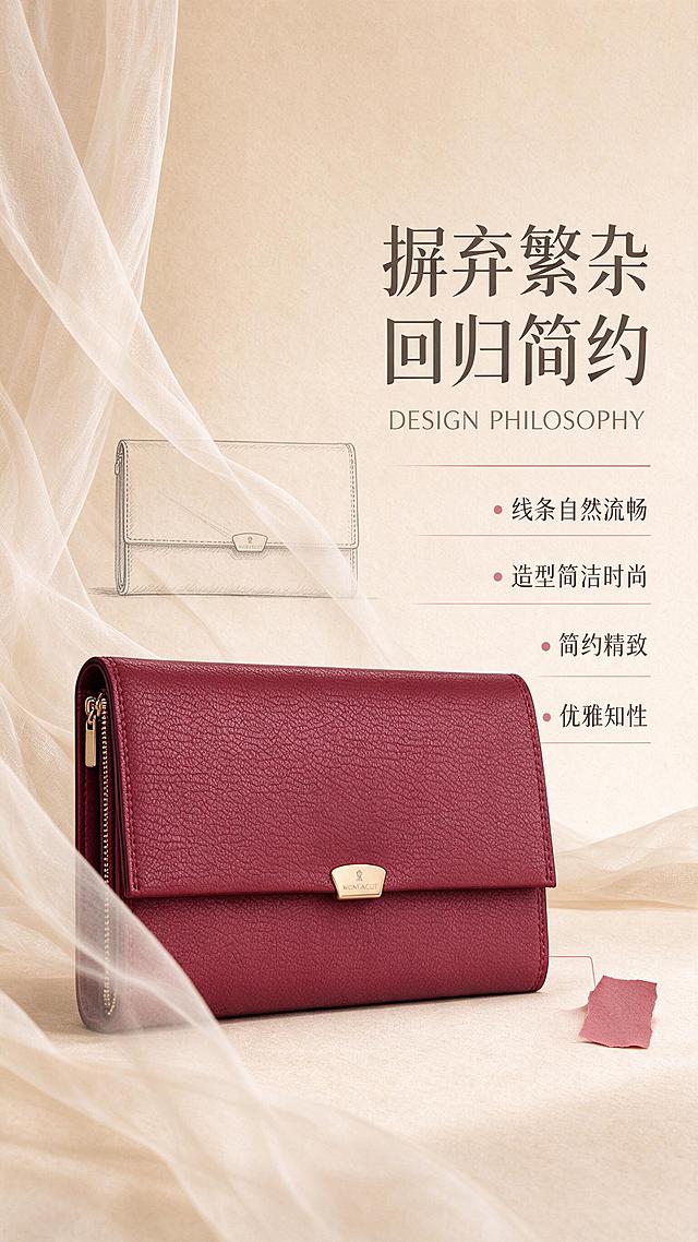 [商品] 使用【图2】酒红色搭扣钱包；保留小方包型、翻盖、金色梯形搭扣、超纤皮料纹理、精密车缝线、双拉链结构和酒红色；商品处理：自然理顺皮面，增强皮纹肌理、五金高光和缝线质感，不改变版型和结构。
[画面] 目标：设计理念页，诠释简约精致优雅知性的设计灵感。构图：左侧钱包侧立展示优美线条，右侧大面积留白放文案；背景融入手绘线条稿、色卡碎片等设计元素作氛围点缀。主体占画面45%，位于左侧中部。前景有轻薄纱幔飘动，中景为钱包与设计元素，后景为暖米色肌理背景。阅读动线从右至左。
[视觉] 套系策略：风格=简约知性高级商业摄影；标题字=现代衬线粗体；正文字=简洁无衬线体；主色=暖米杏；背景延展=基于暖米杏做深浅层级、同色渐变和细腻纸张/织物质感；强调色=豆沙粉，仅用于小面积图标、引线和标签；标题色=深棕灰；正文色=中暖灰；组件=圆角浅底信息卡、细线引线、优雅分割线；光影=左前侧暖柔光，柔和阴影。
[文字] 主标题"摒弃繁杂 回归简约"，副标题"DESIGN PHILOSOPHY"，4个设计关键词：线条自然流畅、造型简洁时尚、简约精致、优雅知性。文字区位于画面右侧，横排排版，关键词用细线分隔，不遮挡钱包。
[规格] 图片比例9:16竖版，2K分辨率，避免变形、错字、文字过小、冷蓝/蓝灰背景、钱包颜色改变、版型失真、极限词。