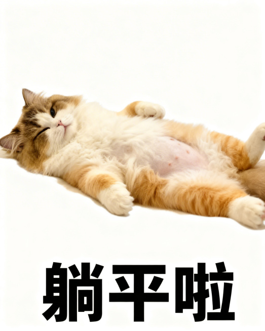 给图中的布偶小猫搭配可爱搞怪动作：仰躺露出肚子，白色纯色背景，下方配黑色粗体文字“躺平啦”，风格和参考的橘猫上班表情包一致预览效果