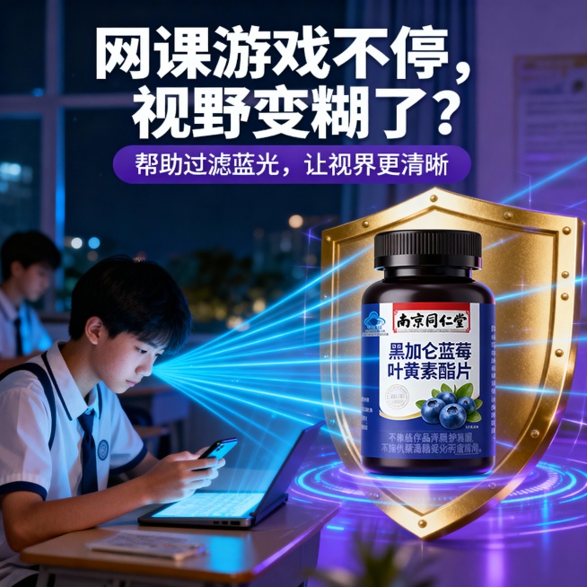 帮我出几张产品主图，保留产品图片不做更改整套主图将围绕 “科学护眼、品牌信赖、场景共鸣” 展开，色调建议采用保护视力的蓝紫色系（象征蓝莓、黑加仑）与黄绿色系（象征叶黄素），搭配干净清爽的背景。

第1预览效果