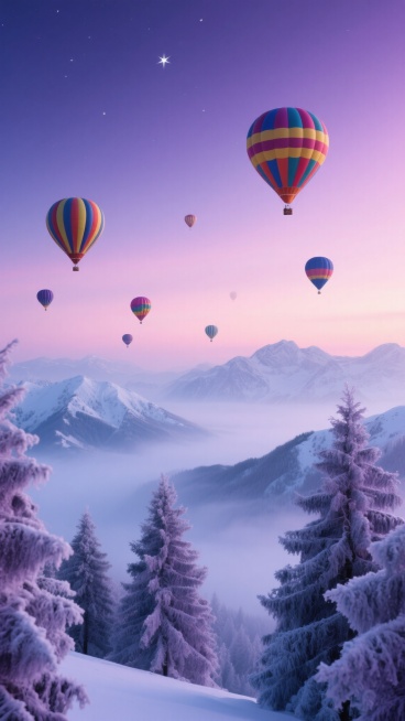清晨薄雾笼罩的山峦背景，天空呈现出由深紫到淡粉的渐变色彩，点缀着几颗疏星，下方是覆盖着皑皑白雪的连绵山脉，几棵挂满冰霜的松树挺立其间，色彩以冷色调为主，紫色、蓝色和白色相互交融，保持原图中写实的摄影风格，清晰的细节和层次感，多个色彩鲜艳、带有条纹图案的热气球在空中不同高度漂浮，光影柔和，营造出宁静而梦幻的氛围预览效果