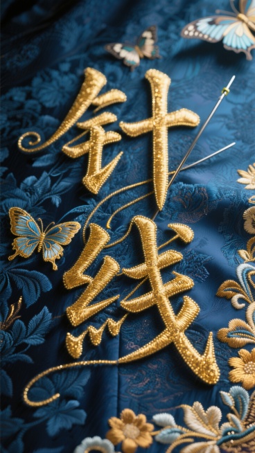 马面裙织金刺绣组成了”针线“文字；背景是藏蓝色蝴蝶暗纹面料预览效果