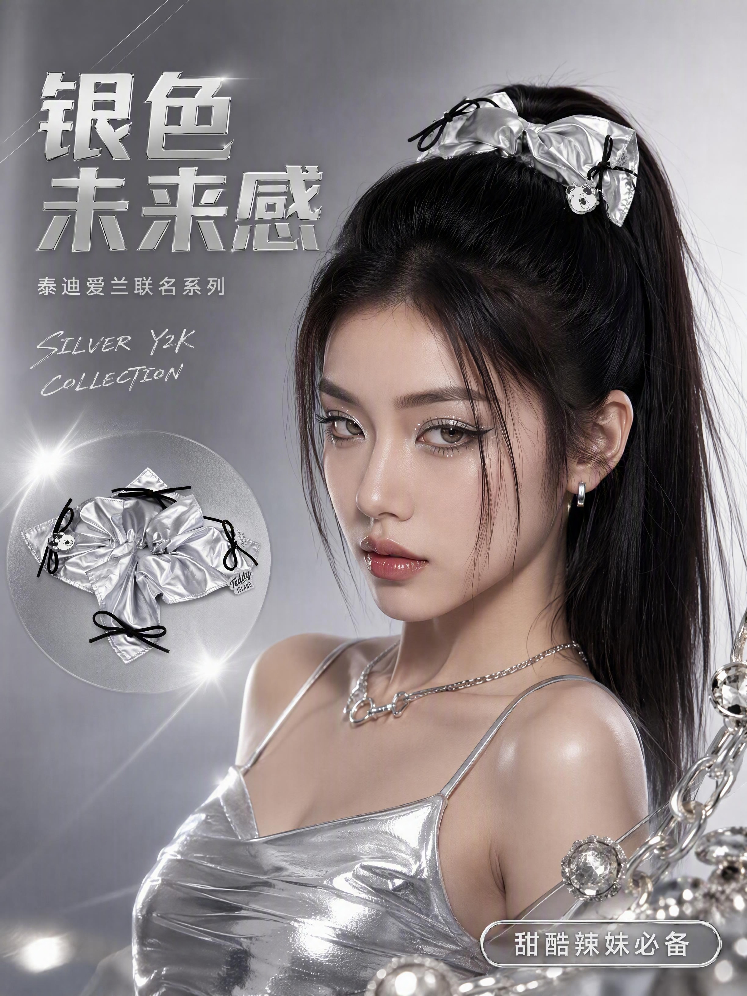 [第1张] 详情页头图海报-泰迪爱兰银色系列方形蝴蝶结大肠发圈… - 图片创意预览