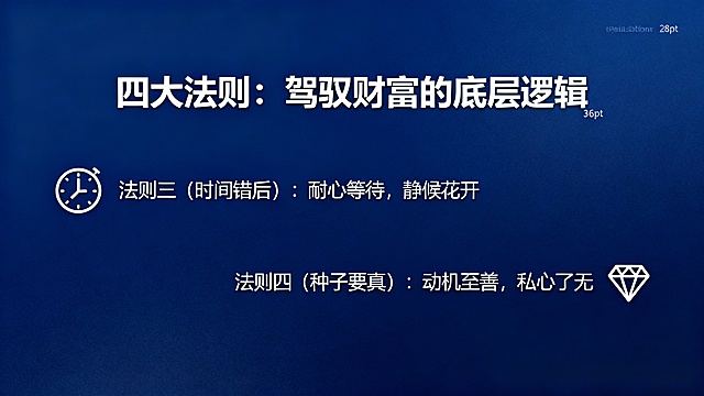 PPT文稿

第1页：封面页

标题：财富与债务真相：种子法则深度解析

副标题：探寻丰盛人生的根本法则

备注：可选用一棵破土而出的幼苗或广阔田野的图片作为背景，象征播种与希望。

第2页：目录/议程

标题：今日旅程

内容：

重新认识财富与债务

财富种子的四大显化法则

债务背后的种子根源

转化路径与日常实践

备注：简洁列出议程，让听众对整体结构有清晰预期。

第3页：互动导入：你眼中的财富与债务

标题：财富与债务，究竟是什么？

内容：

财富 = 金钱、资产、物质？

债务 = 压力、负担、失败？

种子视角：它们都是内在种子的显化。

设计建议：可配以问号或天平图标，引发思考。此页配合您的开场互动。

第4页：财富真相：种瓜得瓜，种豆得豆

标题：财富的真谛：慷慨的果实

核心观点：财富不是追求来的，是种出来的。

关键句：“德者本也，财者末也。”- 《大学》

设计建议：使用“种子→幼苗→参天大树→果实”的递进图示。

第5页：财富种子的四大法则（1/2）

标题：四大法则：驾驭财富的底层逻辑

内容：

法则一（性质相同）：想要钱，先种钱。

法则二（先种后收）：舍得，舍得，有舍才有得。

设计建议：每条法则配一个简洁的图标，如法则一用“=”号图标，法则二用“播种”图标。

第6页：财富种子的四大法则（2/2）

标题：四大法则：驾驭财富的底层逻辑

内容：

法则三（时间错后）：耐心等待，静候花开。

法则四（种子要真）：动机至善，私心了无。

设计建议：法则三可用“时钟”图标，法则四可用“钻石”或“心形”图标，强调纯粹。

第7页：财富卡点的种子根源

标题：为何总感觉匮乏？——财富卡点的根源

内容：

匮乏感 ← 吝啬的种子

恐惧失去 ← 不信任的种子

嫉妒他人 ← 幸灾乐祸的种子

设计建议：可使用“锁链”或“路障”的视觉符号，表示这些是阻碍。

第8页：债务真相：反向的种子显化

标题：债务：非我所愿，为何而来？

核心观点：债务是“索取”、“不守承诺”等种子的显化。

关键句：凡夫畏果，菩萨畏因。

设计建议：背景可选用略显沉重但非绝望的色调或图片，如阴云，但透有一丝光。

第9页：导致负债的四大核心坏种子

标题：拔除负债的根源：四大核心坏种子

内容：

邪淫：万恶淫为首，耗损福报。

偷盗：未经允许动用他人资源（财物、时间等）。

亏孝：顶撞、怨恨父母，损伤财富根基。

杀生：不尊重生命，尤其是堕胎，招致重大不顺。

设计建议：采用图标+关键词的形式，视觉化呈现这四点，强烈警示。

第10页：从负债到解脱的真实案例

标题：案例：从负债2000万到坦然翻转

内容（简要提炼）：

全然地接纳与承担，不怨天尤人。

以真诚和良知面对债主，制定可行还款计划。

聚焦于“致良知”，在因上努力，果上随缘。

设计建议：可配以“灯塔”或“道路”的图片，象征希望与方向。此案例极具说服力。

第11页：转化的核心：心念与行为的转向

标题：转化的路径：从索取到给予

内容：

心念：从恐惧 → 信任；从嫉妒 → 随喜。

行为：从索取 → 给予；从算计 → 慷慨。

设计建议：使用左右对比或向上箭头图示，清晰展示转化方向。

第12页：日常实践四步法

标题：将种子法则融入每一天

内容：

识别：觉察当下的念头与行为。

选择：有意识地种下好种子（如“多给一块钱法”）。

灌溉：感恩（浇水）、祝福（施肥）、认错（松土）、改过（除草）。

等待：信任规律，不急不躁。

设计建议：用“1→2→3→4”的循环图或步骤图来呈现。

第13页：实践工具推荐：“种子日记”

标题：实践利器：种子日记

内容：

今日所种：记录1-3件主动给予或帮助他人的事。

今日感恩：记录1-3件值得感恩的人事物。

今日觉察：觉察并记录一个需要转化的坏种子。

设计建议：可展示一个简易的日记模板截图或手绘示意图。

第14页：案例分享与共鸣

标题：种子法则改变生活

内容：（可预留）

备注：此页用于展示您准备的1-2个学员真实案例。可简要列出案例的关键转折点和成果，引发共鸣。

第15页：总结回顾

标题：核心要点回顾

内容：

财富与债务，皆是内在种子的精确显化。

遵循四大法则，持续种下慷慨、诚信的种子。

拔除导致负债的坏种子，尤其是邪淫、偷盗、亏孝、杀生。

转变发生在每一个心念和行为的当下。

设计建议：采用图标化要点列表，强化记忆。

第16页：行动号召与结束页

标题：从知道到做到，开启丰盛之旅

行动号召：

今天，立即种下3个财富种子！

开始记录“种子日记”，坚持21天！

加入实践社群，与同道中人共修成长！

结束语：愿你的心田，遍种丰盛的种子！感谢聆听！

设计建议：背景选用充满希望和光明的图片，如日出或繁花盛开的田野。

PPT设计建议

设计风格：整体保持简洁、专业。选择对比鲜明的配色（如白字深蓝底或深灰底），确保可读性。一页中颜色最好不超过三种。

字体与排版：使用无衬线字体（如微软雅黑、Arial），标题字号建议36pt以上，正文字号28pt以上。确保文字对齐，留有足够留白。

图文结合：适当使用高质量、寓意相关的图片或图标来辅助表达，避免页面全是文字。慎用复杂的动画和过渡效果，以免分散注意力。

希望这套PPT能有效支持您的演讲！