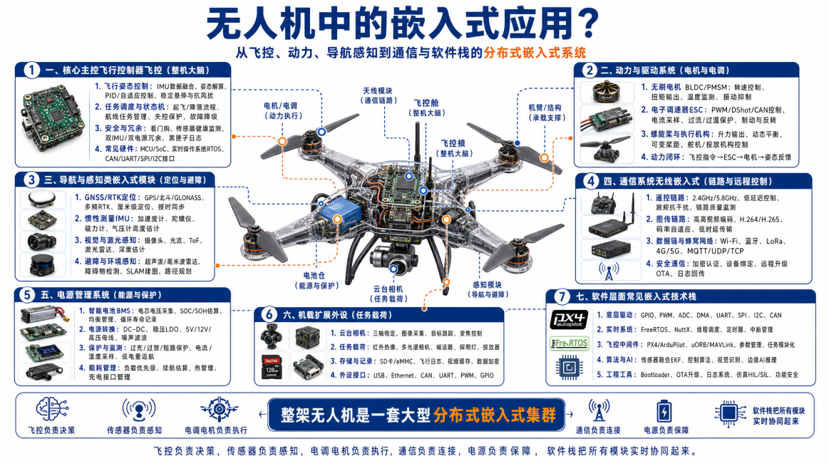 参考图风格制作信息图，主题是无人机中的嵌入式应用，科技商务风，白色背景，用蓝色和橙色点缀，整体排版分模块讲解核心模块：一、核心主控飞行控制器飞控；二、动力与驱动系统；三、导航与感知类嵌入式模块；四、通预览效果