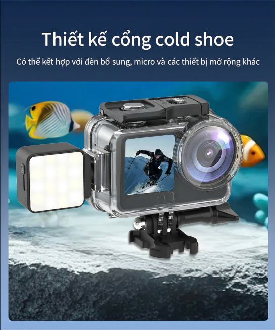 将图中的所有中文文字替换为对应越南语，大标题是"Thiết kế cổng cold shoe"，副标题是"Có thể kết hợp với đèn bổ sung, micro và các t预览效果