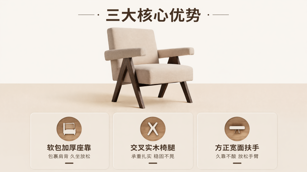 [第2屏] 核心卖点汇总展示页-复古布艺实木扶手休闲椅。本屏使用【图3】作为产品主体参考，保持产品结构颜色与原图一致。
[氛围/风格] 简约干净的信息展示风格，清晰直观，背景干净突出卖点信息。
[元素预览效果