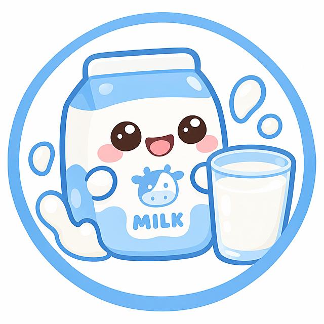 Q版圆润可爱风格圆形图标，主题为水奶液态奶。画面中心是一盒圆滚滚胖乎乎的牛奶盒，有着圆圆的眼睛和萌萌的笑脸，旁边是一杯满满的牛奶和几滴圆圆的奶滴，整体构图在一个粗线条圆形边框内。卡通手绘风格，线条圆润粗厚，没有尖角，色彩纯净，以乳白色和淡蓝色为主，新鲜可爱，超萌，扁平化设计，适合作为分类图标。纯白色背景。