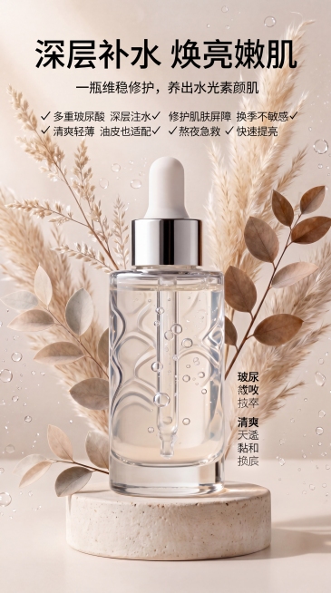 底图不变，减少海报上的文字，去掉底部所有卖点文字，只保留主标题"深层补水 焕亮嫩肌"和副标题"一瓶维稳修护，养出水光素颜肌"，保持ins极简高级浅白奶咖风格预览效果