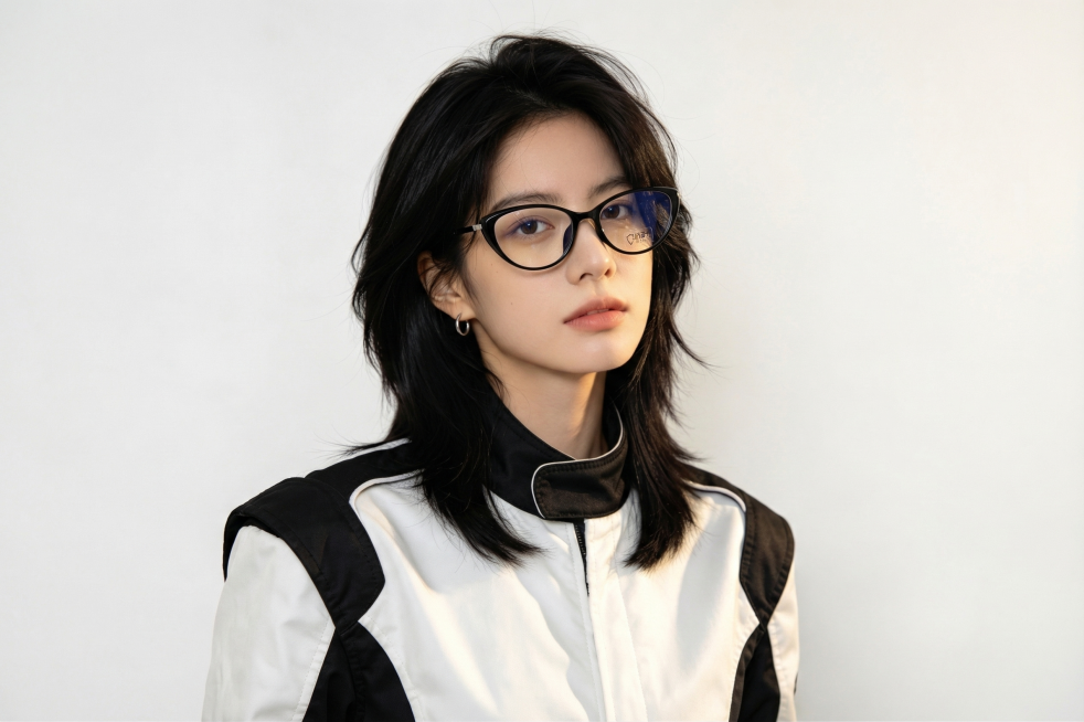 给照片中的女士戴上参考图中的黑色猫眼防蓝光眼镜，保持原照片的人物、发型、服装、光线和背景不变，自然融合预览效果