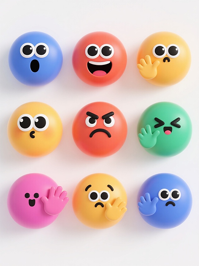 9个圆形卡通表情包，每个表情包具有不同的明亮配色、夸张生动的表情（如惊讶、开心、生气、疑惑等）和多样的手势造型，延续原图中圆润的3D质感、光滑渐变的表面、大而有神的黑白眼睛（带白色高光）、简洁的线条勾勒特征，统一的白色背景，表情包呈上下两行整齐对齐排列，无文字元素。