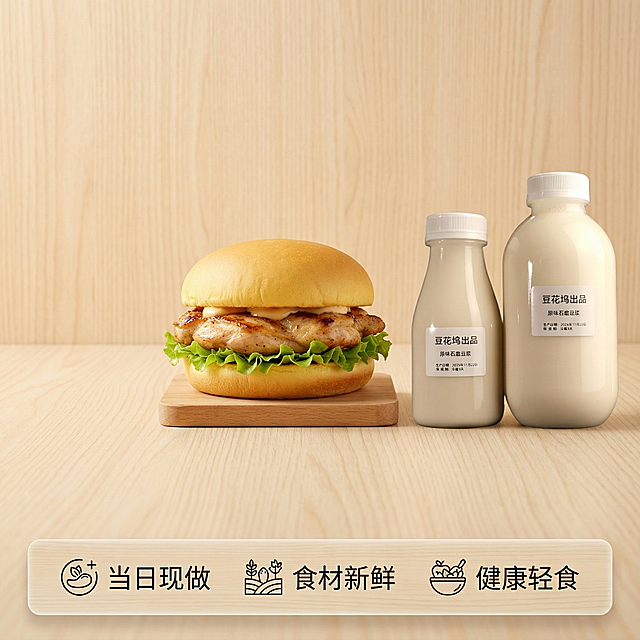 [垫图] https://gdesign-dam-hz.dancf.com/35973944126194770/d2aa80838735407c91203d2e590bc7a0.png
[主图主题] 鸡肉堡豆浆套餐全家福承诺图
[氛围/风格] 干净简约展示风格，自然柔光
[画面元素] 完整鸡肉堡和两瓶原味石磨豆浆整齐摆放在浅色原木背景上，产品完整展示，所见即所得，整体干净整洁，背景铺满全屏
[配色色系] 主色调：产品本身的暖黄色和奶白色，辅助浅原木色，清新自然
[视角构图] 平视居中构图，产品均匀分布，画面平衡
[文字版式] 底部半透明悬浮条横向排列服务承诺：“当日现做”、“食材新鲜”、“健康轻食”，采用图标+文字组合，字体干净，不遮挡产品主体。
[分辨率] 2k 分辨率