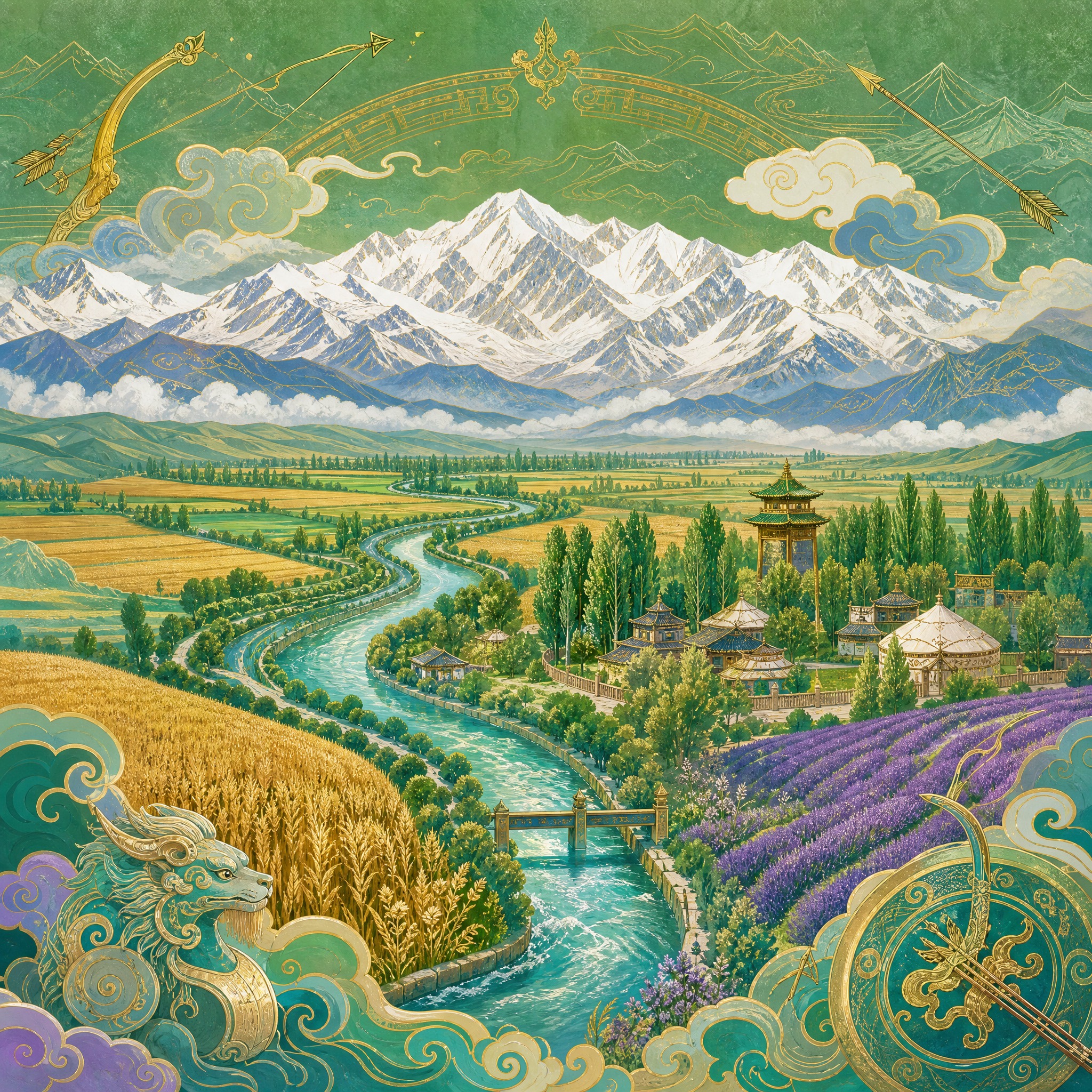国潮风景插画，锡伯族主题，伊犁河谷风光，察布查尔大渠蜿蜒流过万… - 图片创意预览