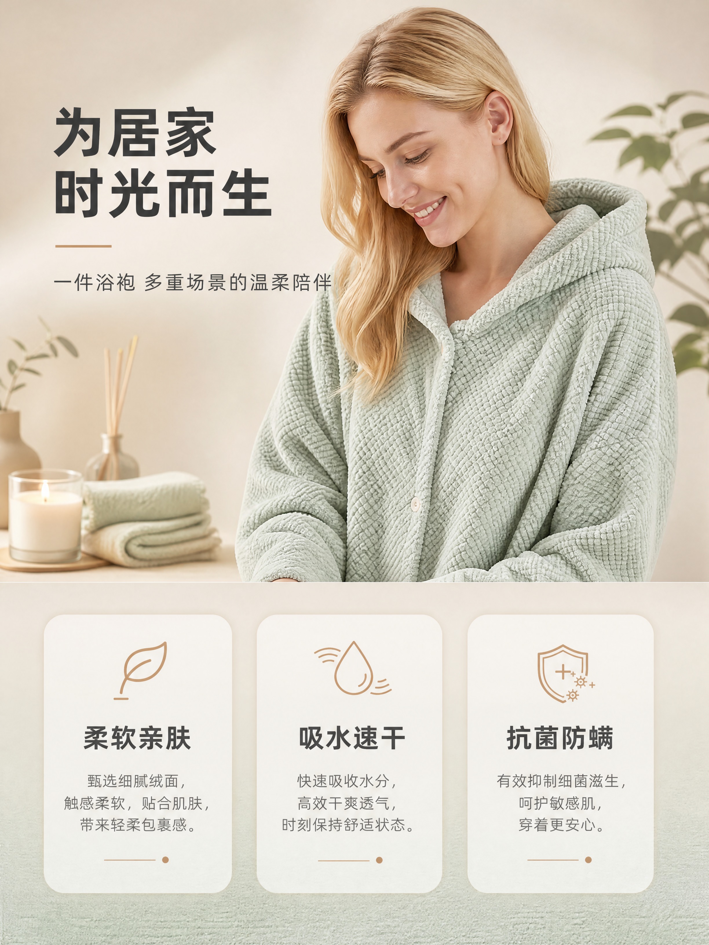 [商品] 使用参考图中的浅灰绿色连帽浴袍；保留连帽、前襟纽扣、… - 图片创意预览