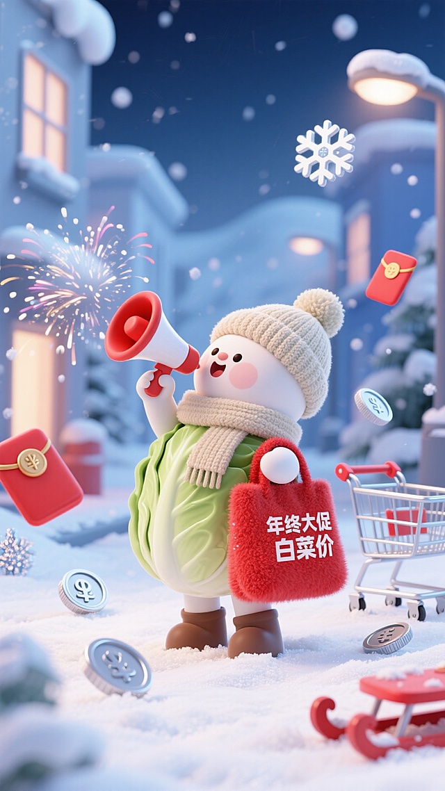 主视觉为戴着毛线帽围巾的白菜小人拿着雪地喇叭，背着毛绒红色购物袋呼喊，购物袋印着 “年终大促 白菜价”，冬日雪景促销氛围，红白与浅蓝配色的雪景街道背景，点缀雪花造型红包、银币、冰晶礼花、雪橇购物车元素。