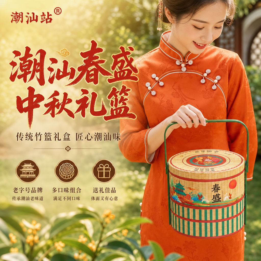 [主图-1] 潮汕春盛竹篮月饼礼盒首图，主打中秋送礼氛围与礼盒… - 图片创意预览